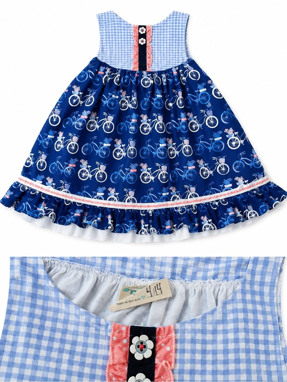 Platinum Size 2 Matilda Jane 4/4Girls Bicycle Print Dress with Gingham Yoke